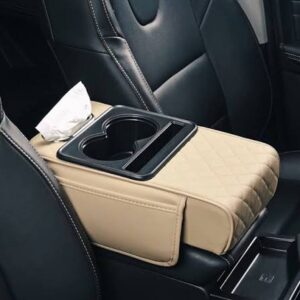 Beige Car Centre Console Armrest Organizer Storage Box with Coin & Card Holder